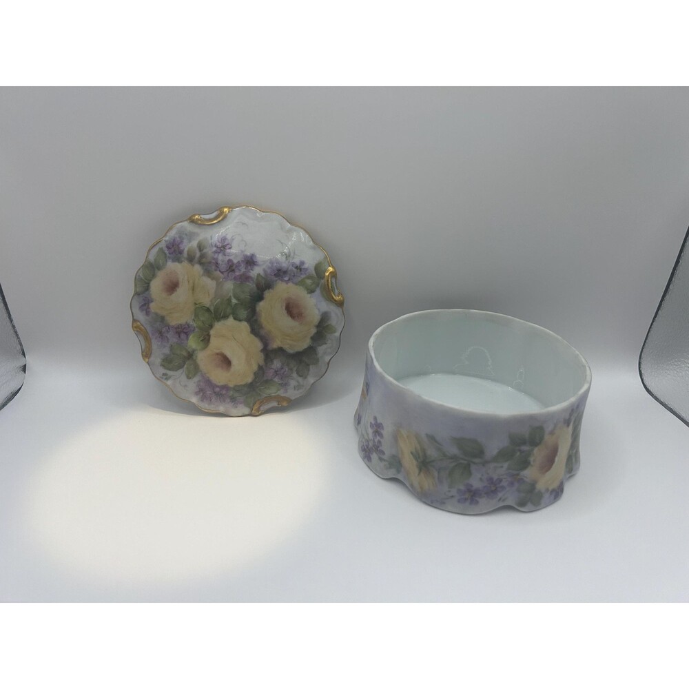 Hutschuenreuther Porcelain Jewelry Box Hand Painted Flowers with Gold Trim